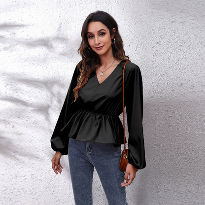 Elegant Women's Casual Shirt with Lantern Sleeves