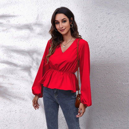 Elegant Women's Casual Shirt with Lantern Sleeves